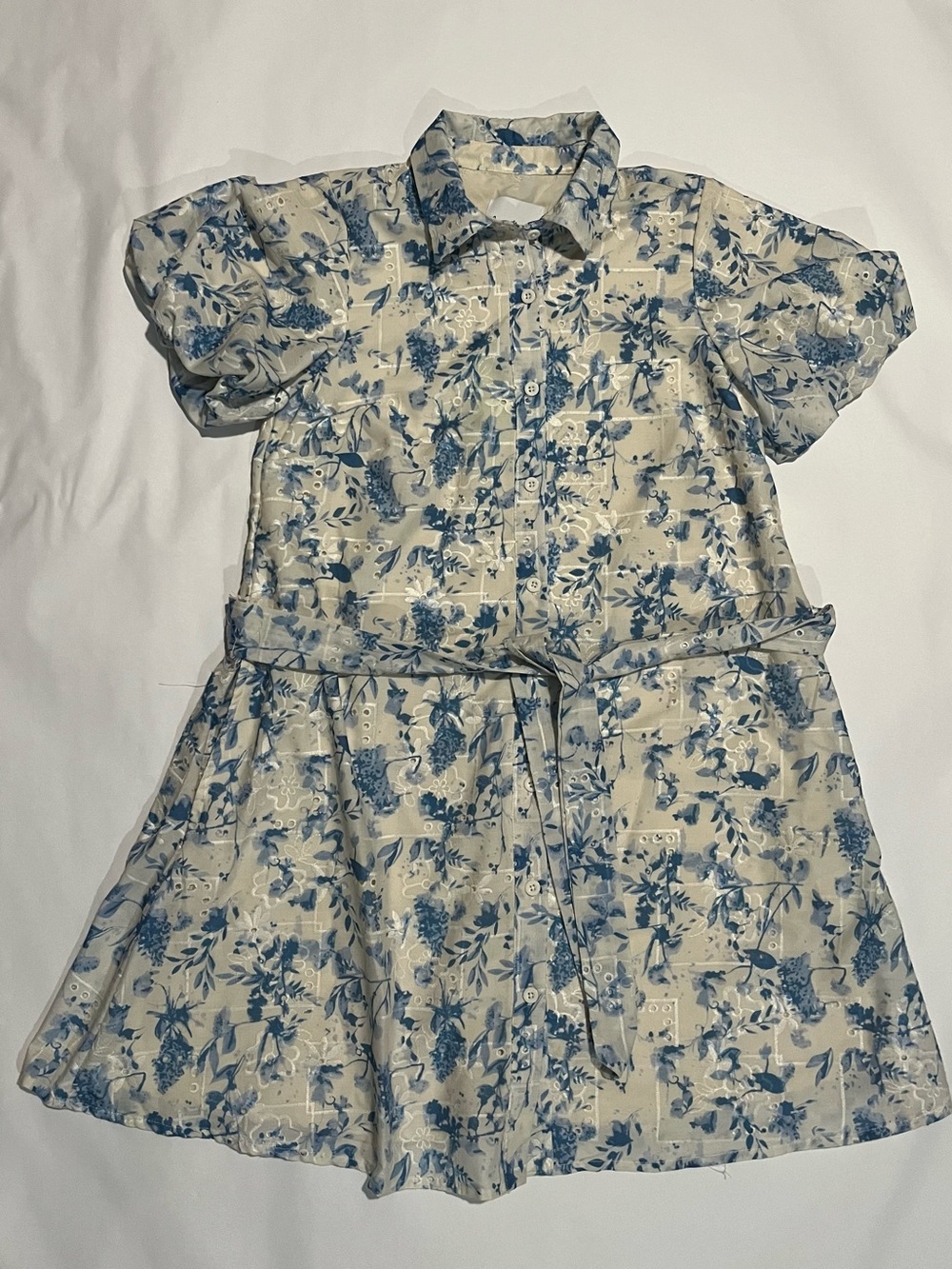 Sam Edelman Cream and Blue Floral Embroidered Lined Tie-Waist Shirt Dress - Picture 3 of 11